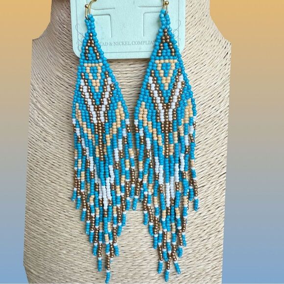 Western Earrings Beaded Turquoise Blue Gold Beige Dangle Cowgirl Nashville - Picture 1 of 1